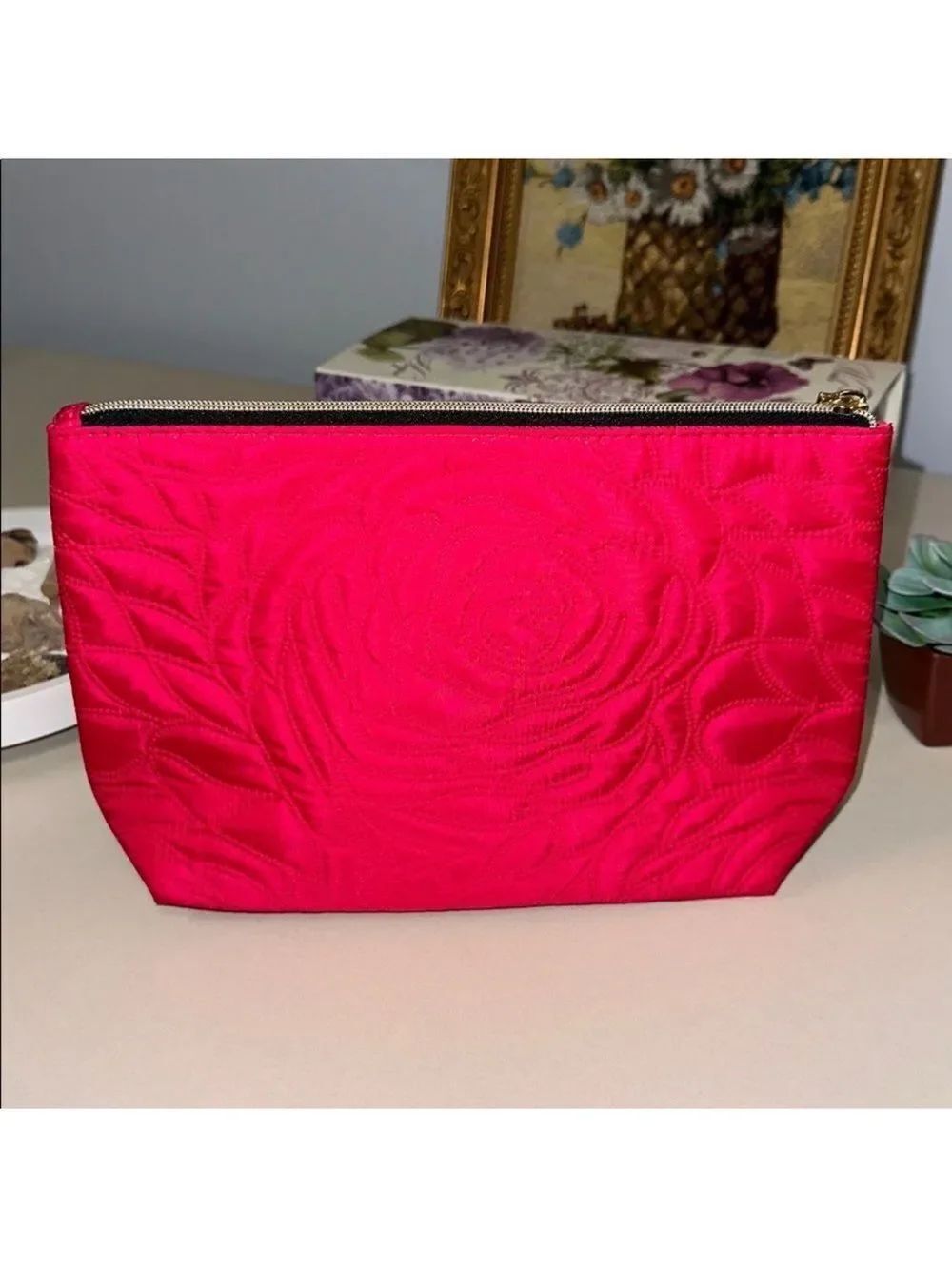 Lancôme Paris Magenta Pink Rose Floral Large Makeup Toiletry Cosmetic Travel Bag